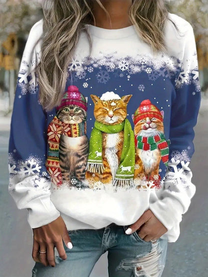 Women’s Christmas Cat Print Crewneck Sweatshirt