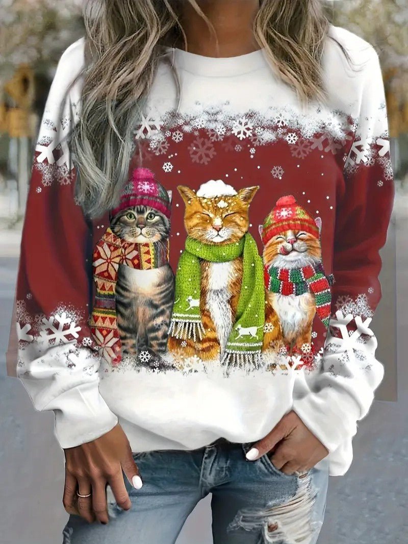 Women’s Christmas Cat Print Crewneck Sweatshirt