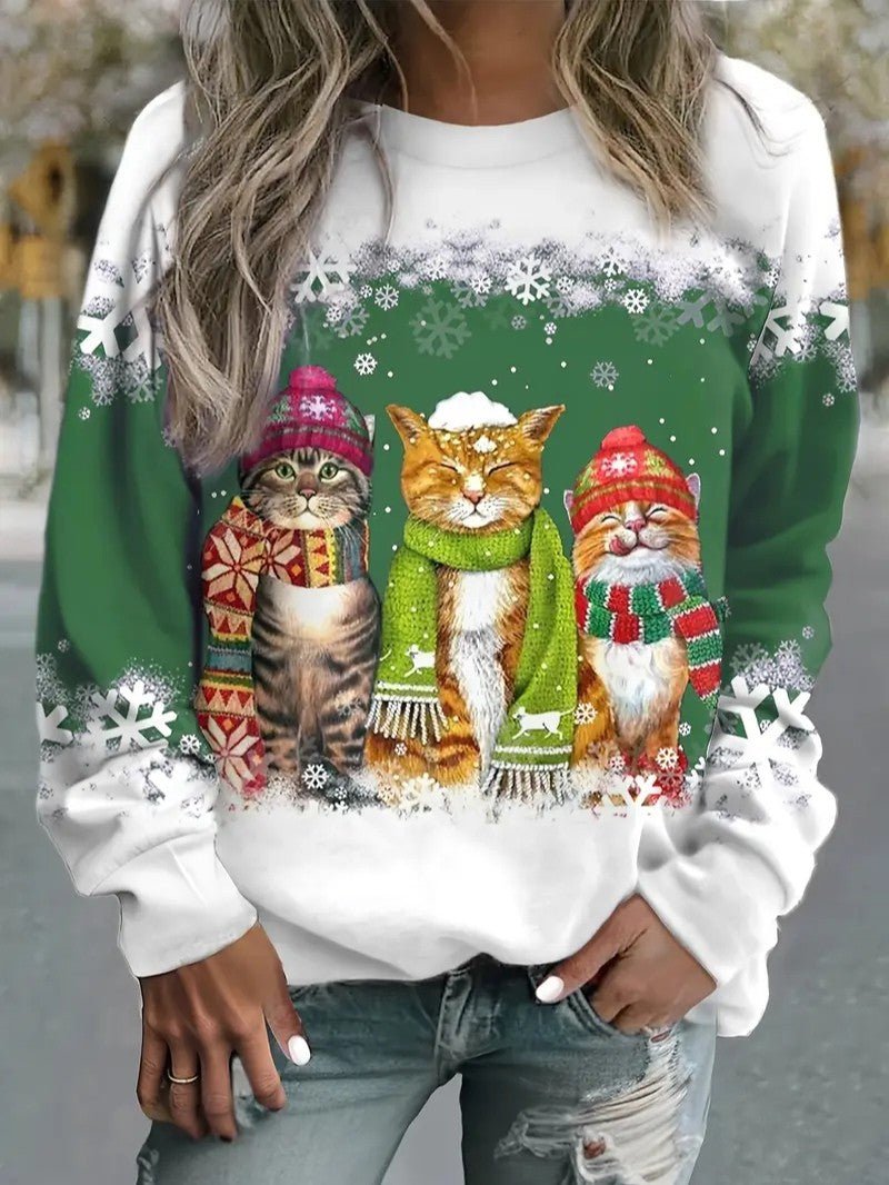 Women’s Christmas Cat Print Crewneck Sweatshirt