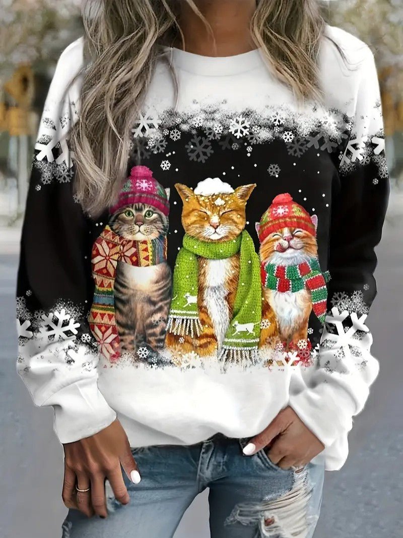 Women’s Christmas Cat Print Crewneck Sweatshirt