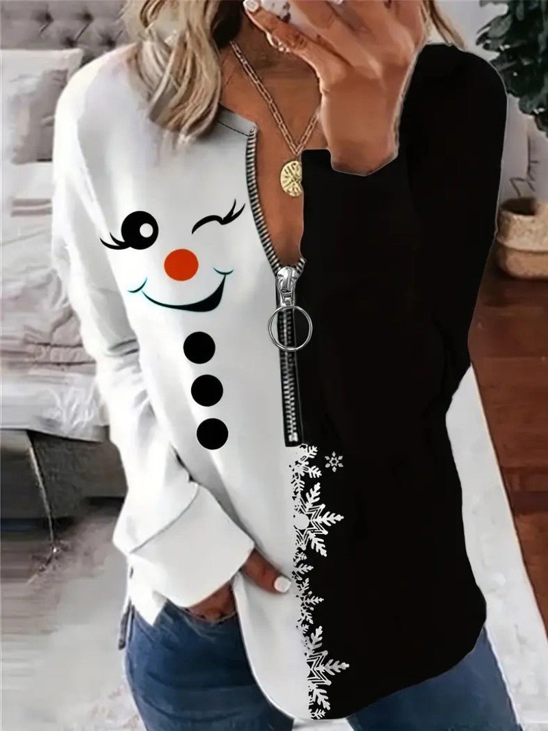 Women’s Elegant Christmas Snowman Zipper Sweatshirt