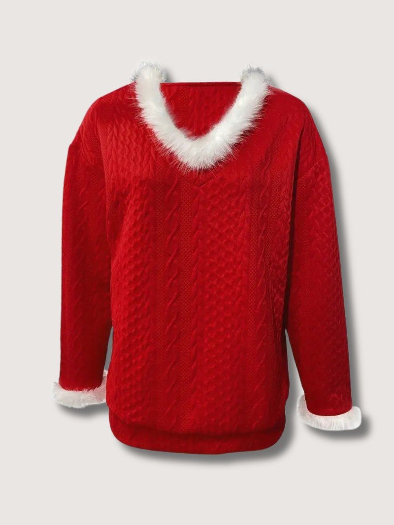 Women’s Faux Fur Trim V-Neck Christmas Sweater