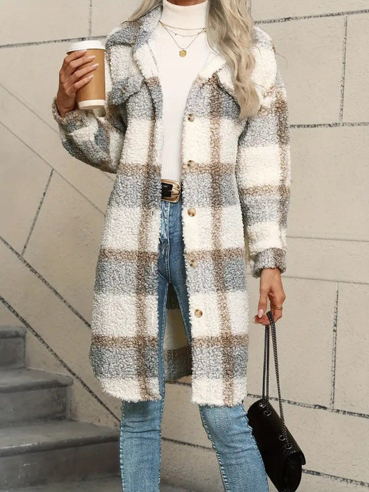 Women's Plaid Fuzzy Long Coat