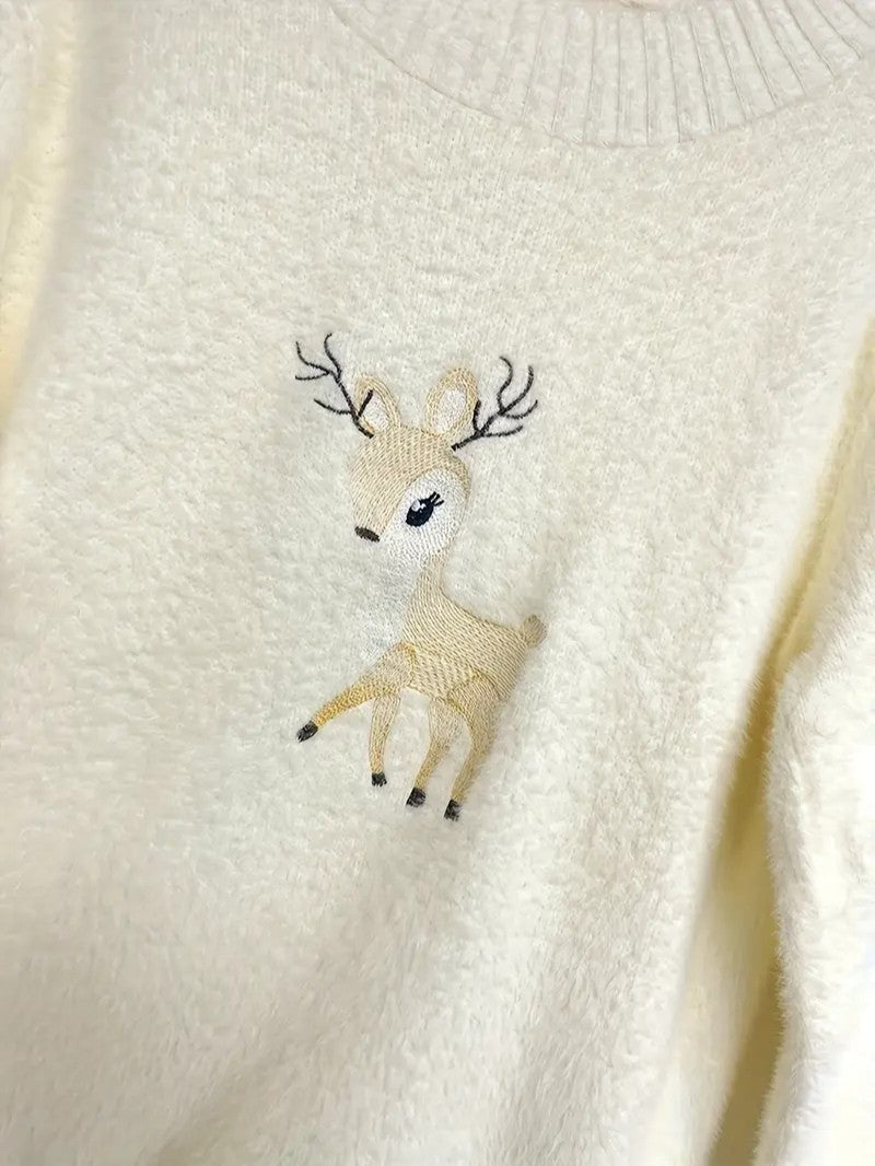 Women’s Reindeer Embroidered Half-Turtleneck Sweater