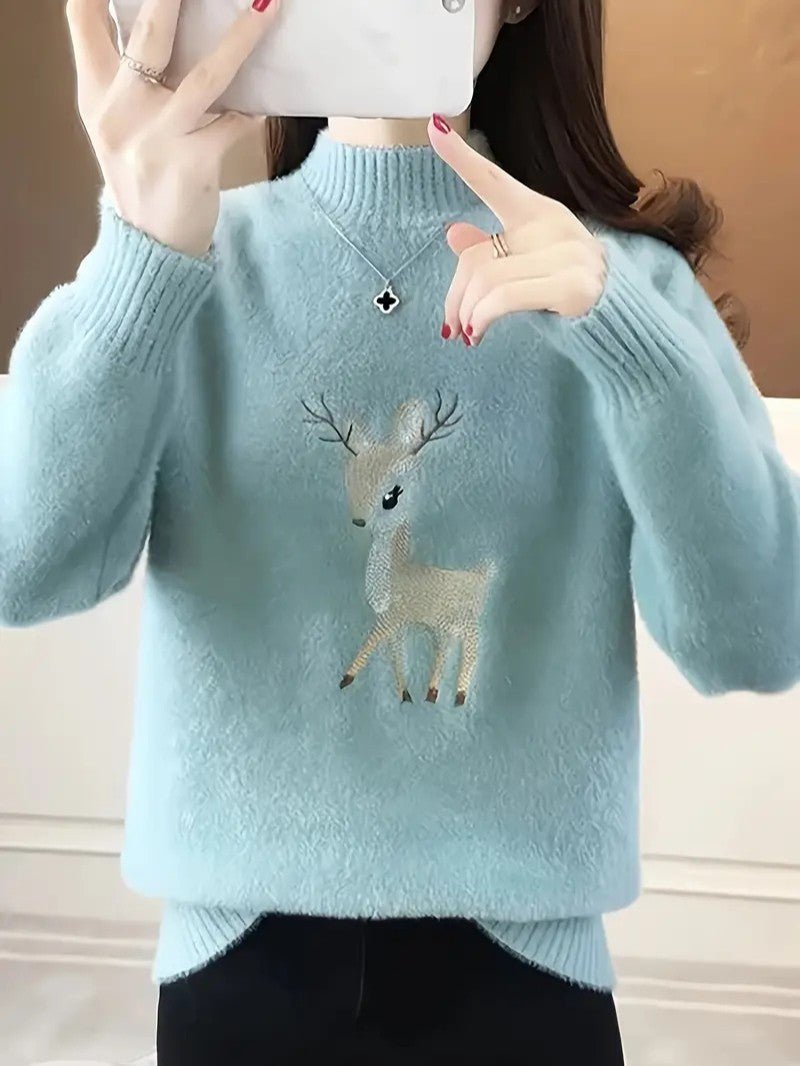 Women’s Reindeer Embroidered Half-Turtleneck Sweater