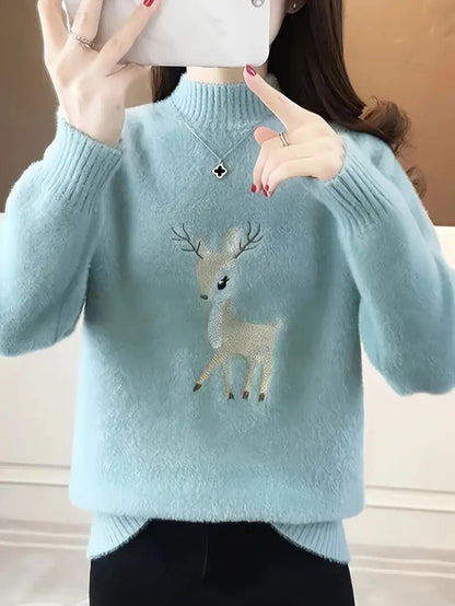 Women’s Reindeer Embroidered Half-Turtleneck Sweater
