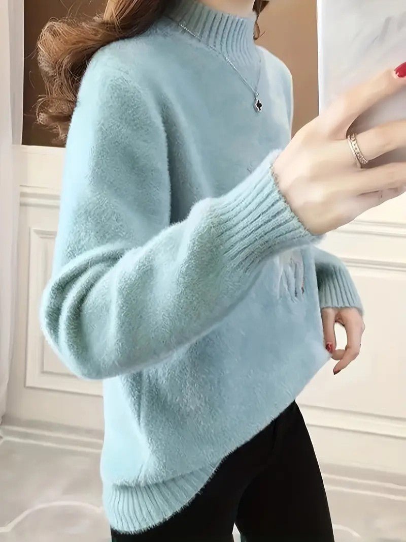 Women’s Reindeer Embroidered Half-Turtleneck Sweater