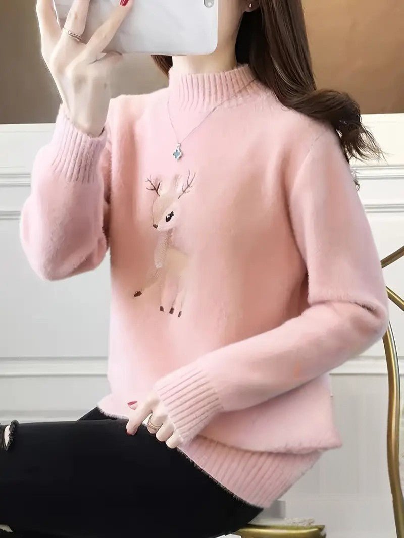 Women’s Reindeer Embroidered Half-Turtleneck Sweater