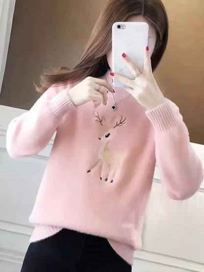 Women’s Reindeer Embroidered Half-Turtleneck Sweater
