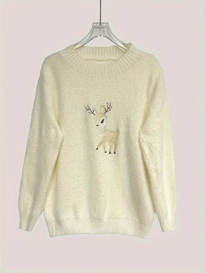Women’s Reindeer Embroidered Half-Turtleneck Sweater