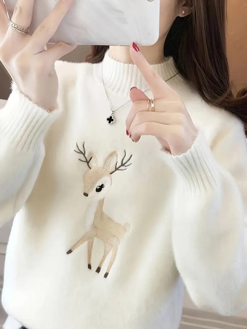Women’s Reindeer Embroidered Half-Turtleneck Sweater