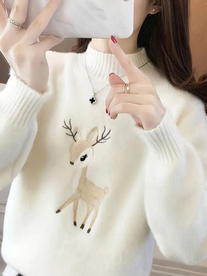 Women’s Reindeer Embroidered Half-Turtleneck Sweater