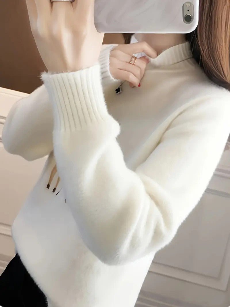 Women’s Reindeer Embroidered Half-Turtleneck Sweater