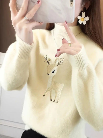 Women’s Reindeer Embroidered Half-Turtleneck Sweater