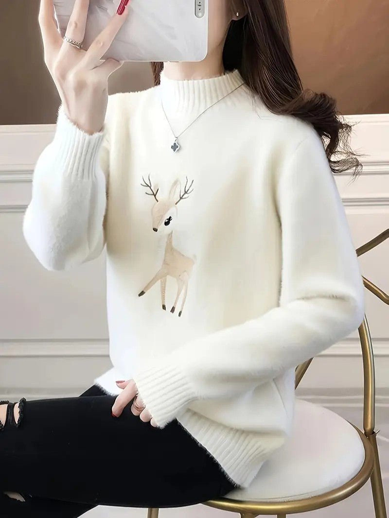 Women’s Reindeer Embroidered Half-Turtleneck Sweater
