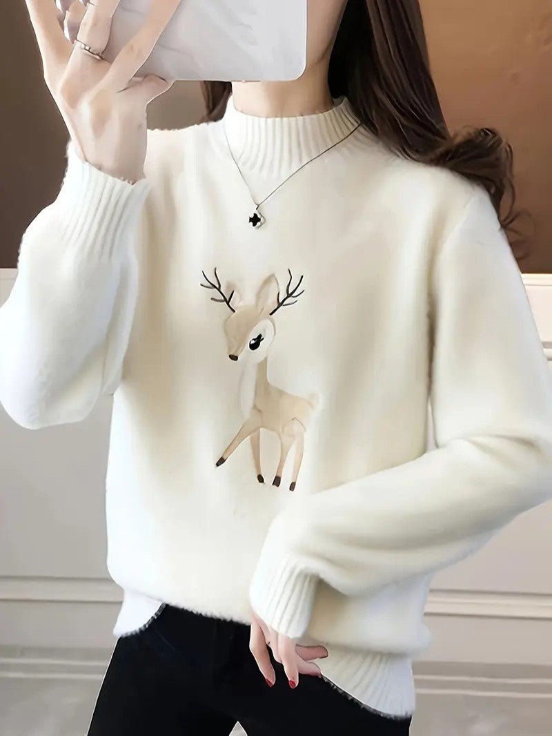 Women’s Reindeer Embroidered Half-Turtleneck Sweater