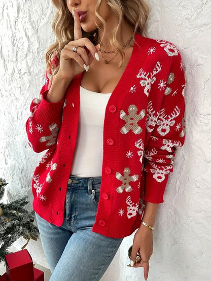 Women’s Reindeer & Snowflake V-Neck Cardigan