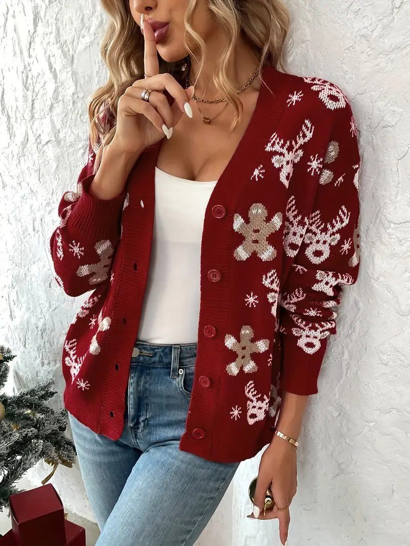 Women’s Reindeer & Snowflake V-Neck Cardigan