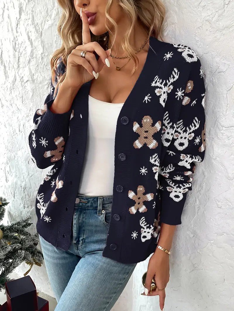 Women’s Reindeer & Snowflake V-Neck Cardigan