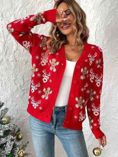 Women’s Reindeer & Snowflake V-Neck Cardigan