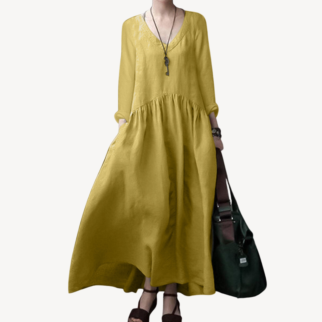Linen Maxi Dress Women V-Neck Long Sleeve