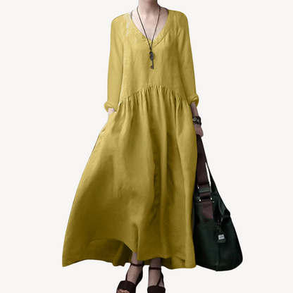 Linen Maxi Dress Women V-Neck Long Sleeve